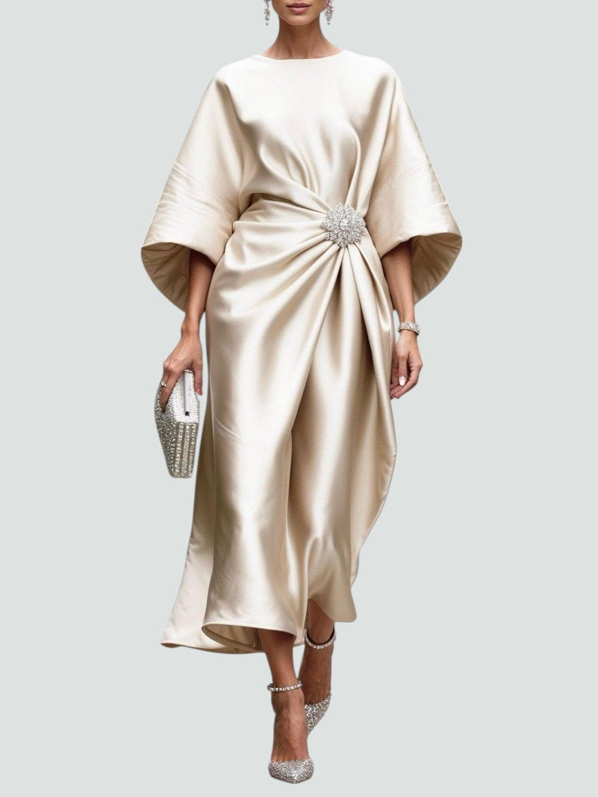 Batwing Sleeve Brooch Ruched Satin Midi Dress