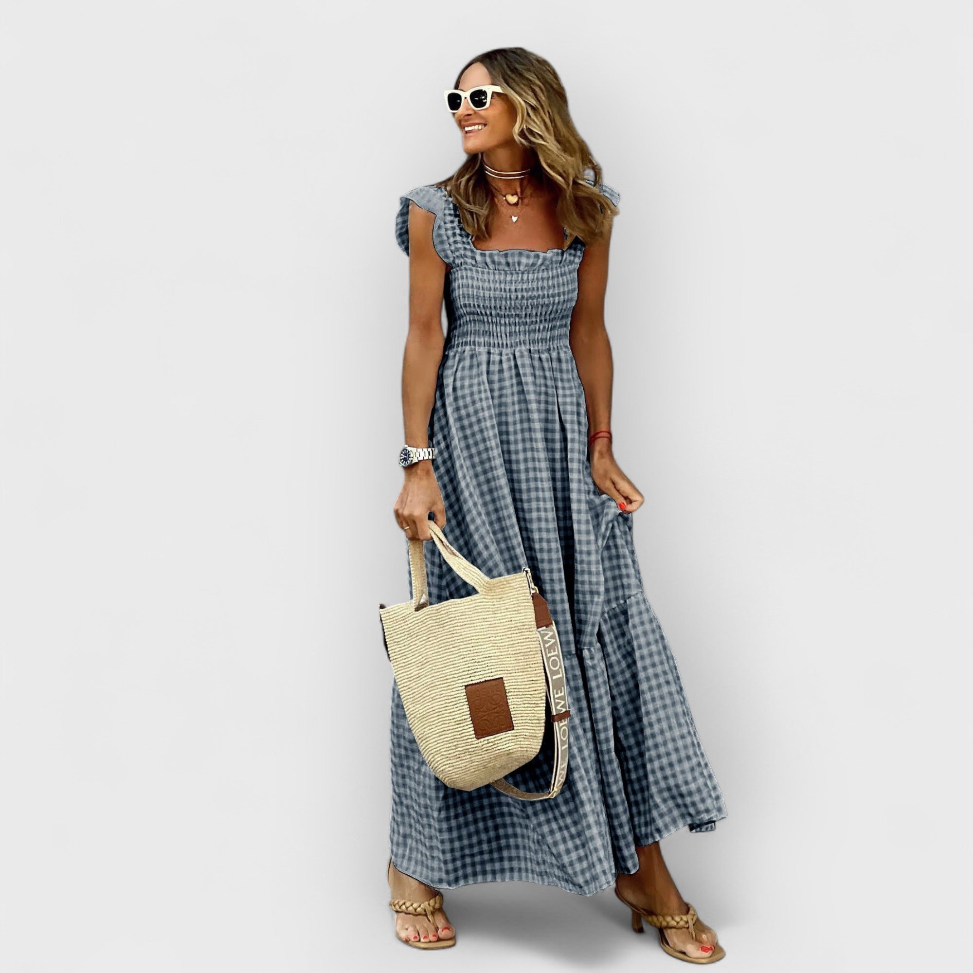 Belle | Plaid Ruffle-Sleeve Smocked Maxi Dress Black