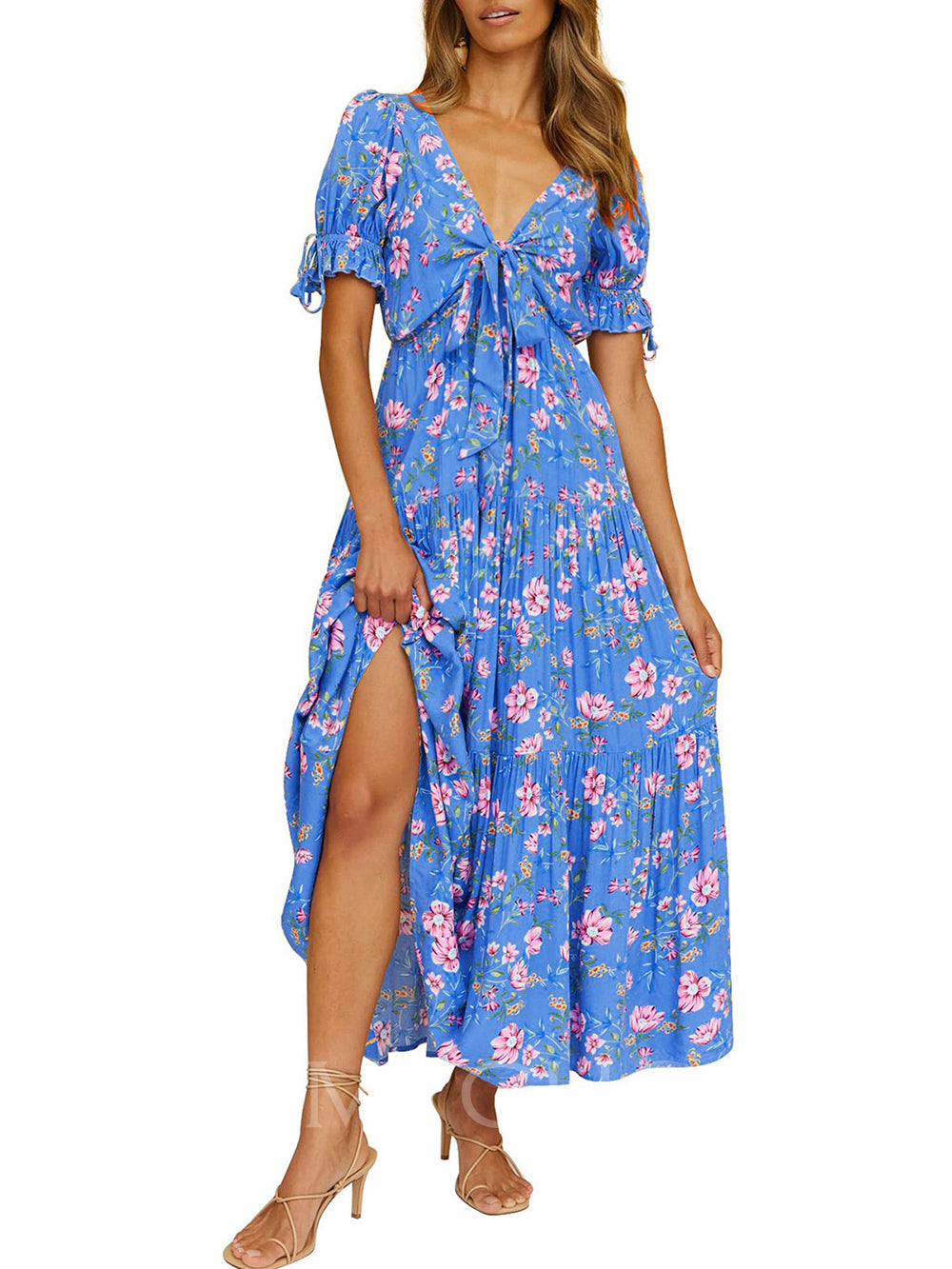 Floral V-Neck Short Sleeve Tie Front High Split Maxi Dress