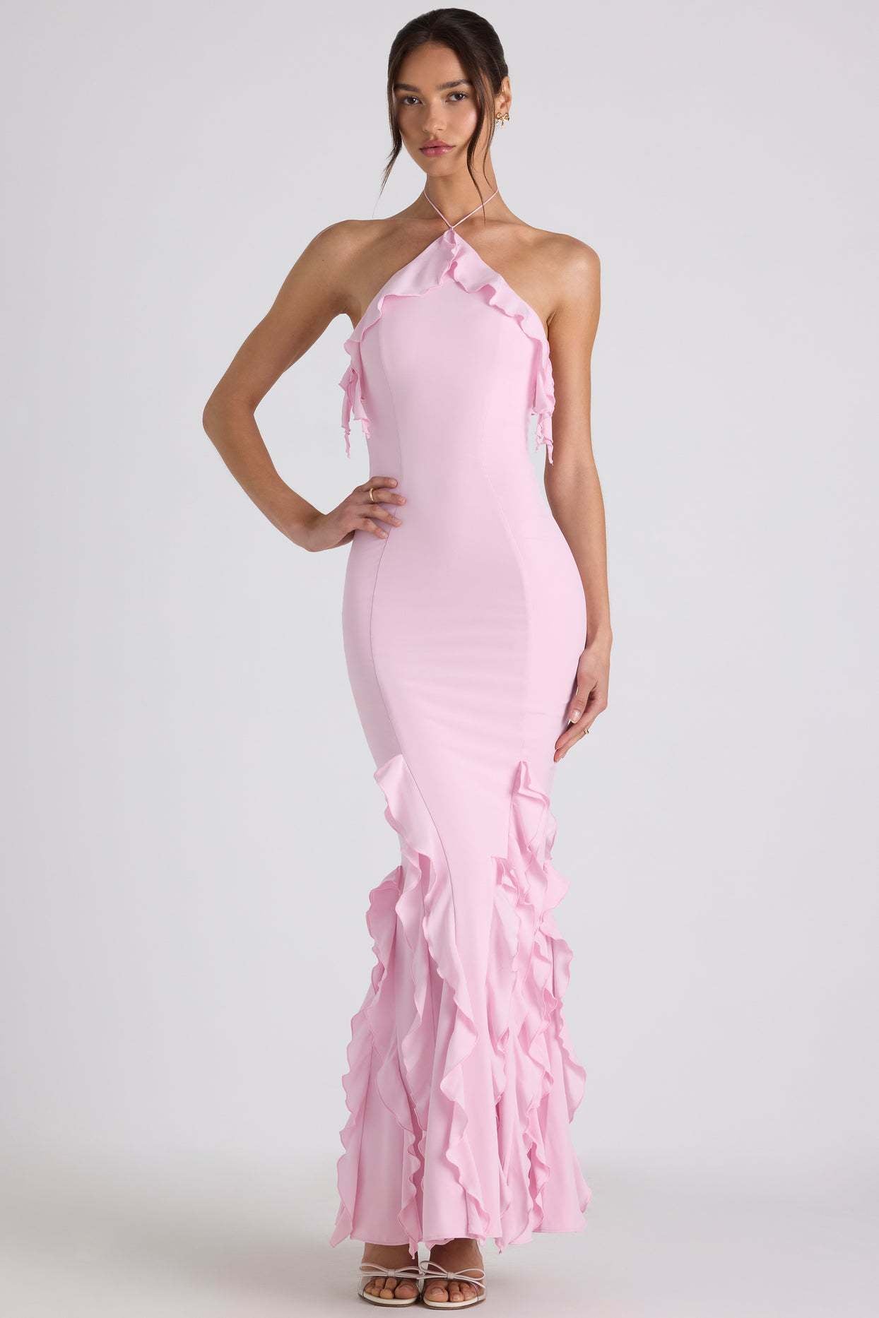 Ruffle - Trim Halterneck Evening Maxi Dress