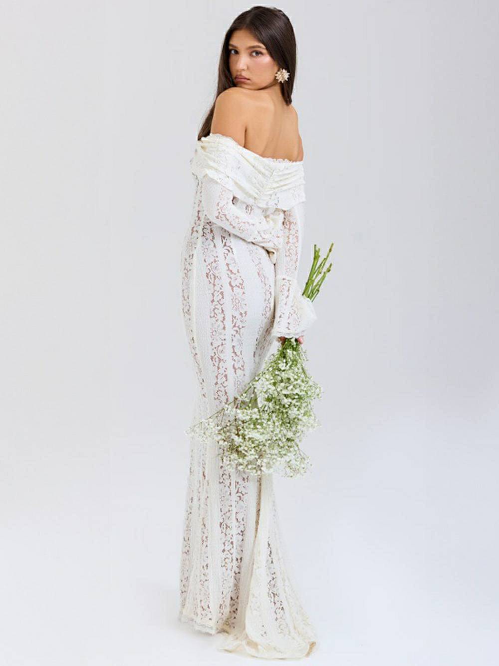 Lace Off Shoulder Flare Long Sleeve Tie Front Mermaid Maxi Dress 2