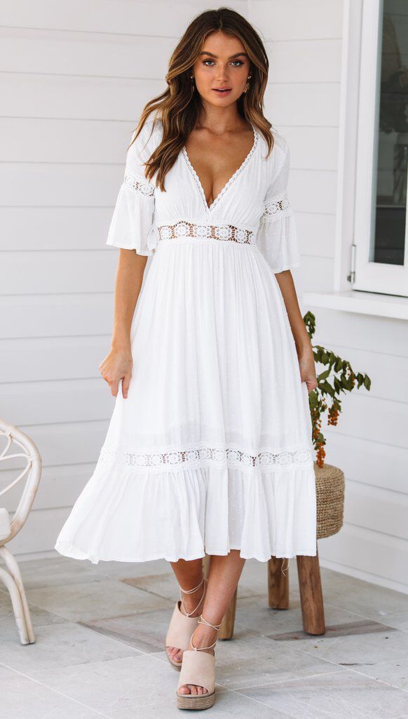 V-Neck Half Sleeve Crochet Lace Trim Ruffle Hem Midi Dress
