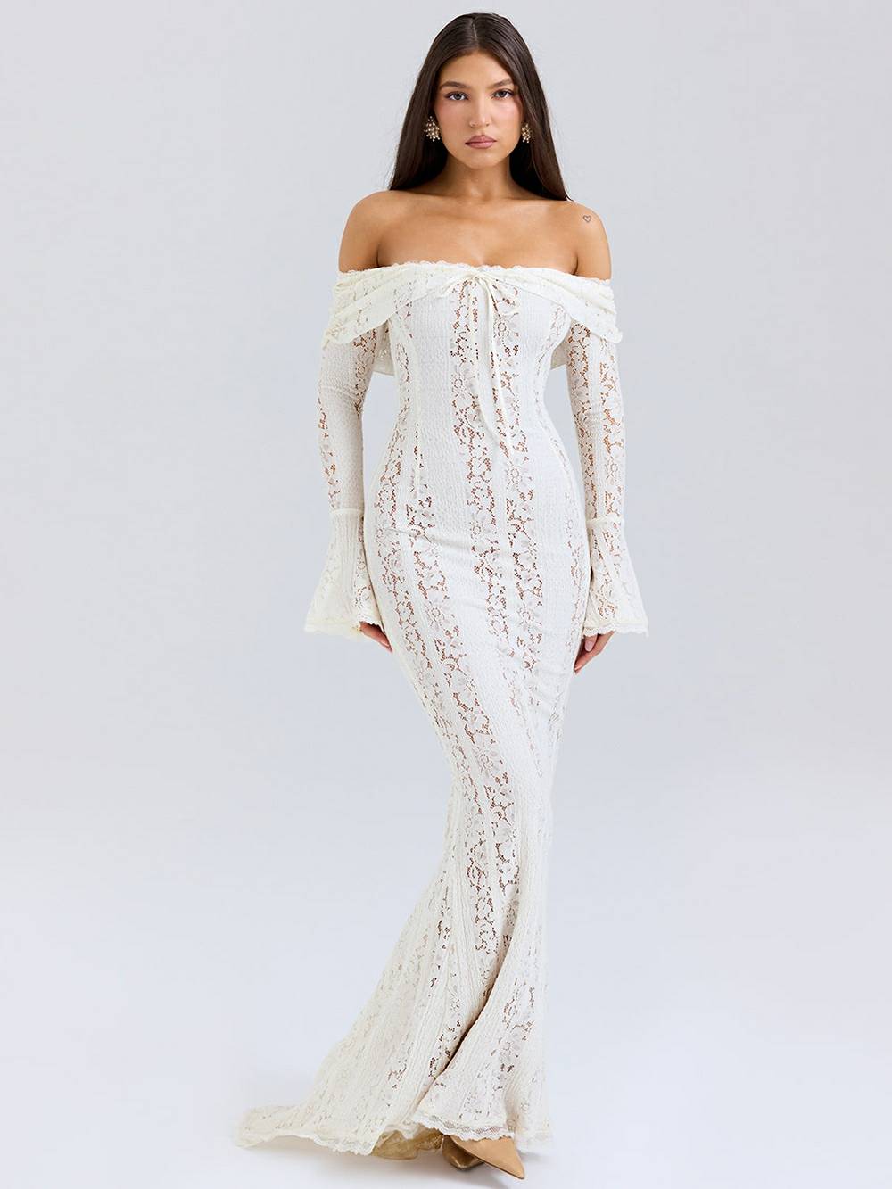 Lace Off Shoulder Flare Long Sleeve Tie Front Mermaid Maxi Dress