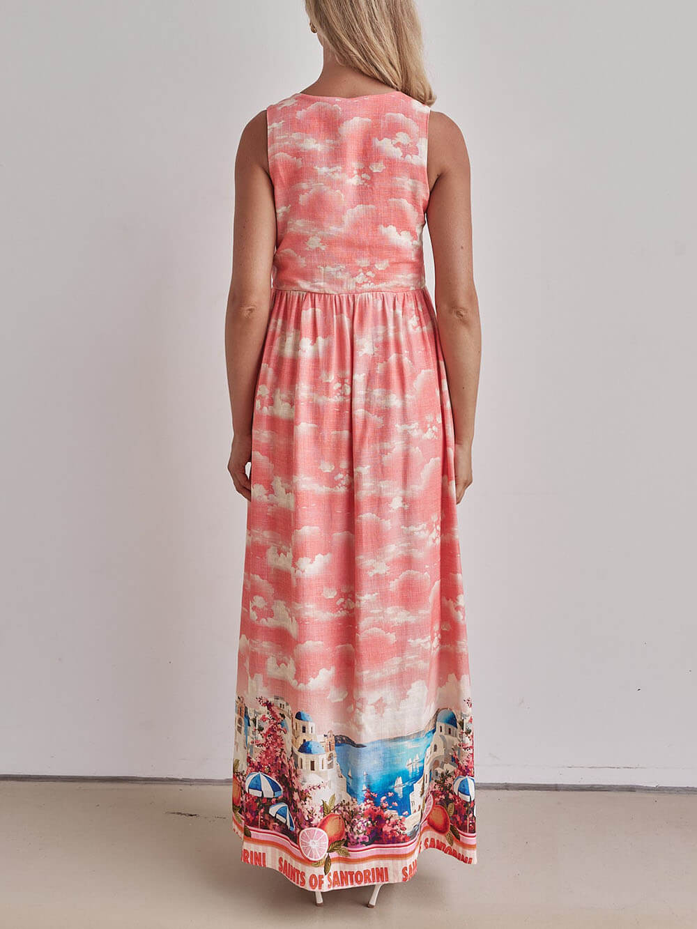 Scenic Border Print Deep V-Neck Tie Front Sleeveless Maxi Dress 3
