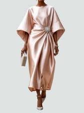Boat Neck Batwing Ruched Satin Midi Dress 6