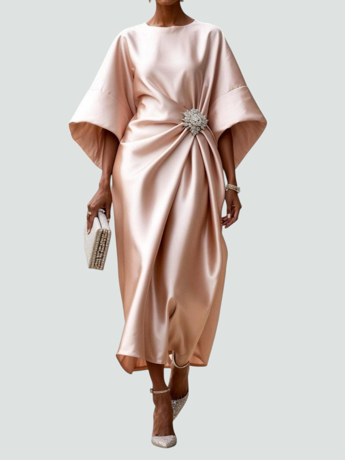 Batwing Sleeve Brooch Ruched Satin Midi Dress
