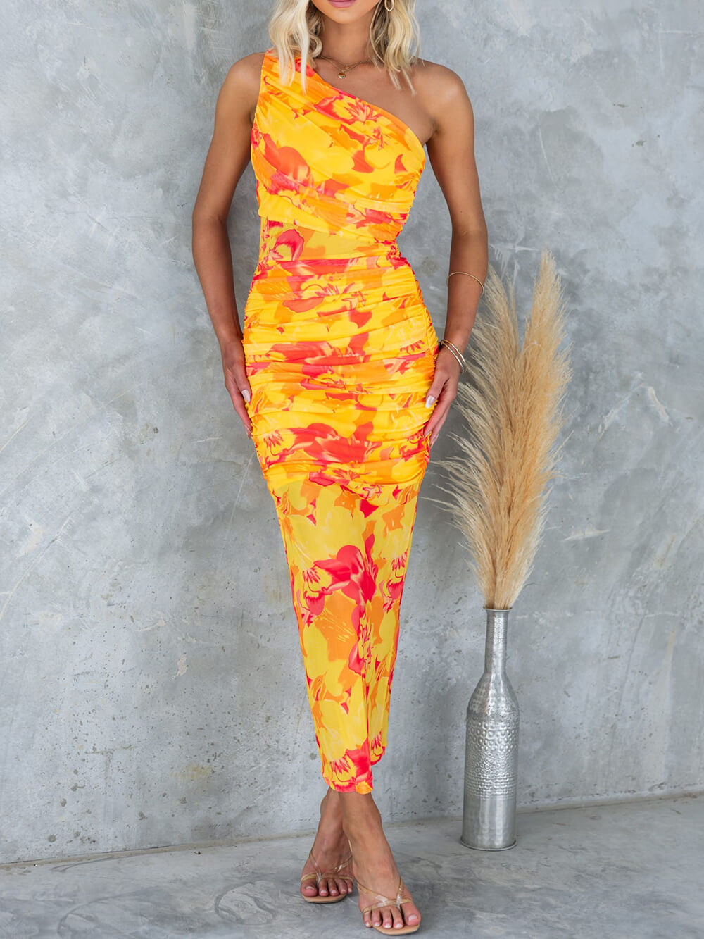 Floral Print One Shoulder Ruched Mesh Bodycon Maxi Dress