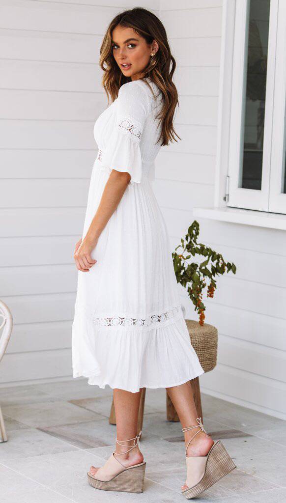 V-Neck Half Sleeve Crochet Lace Trim Ruffle Hem Midi Dress 2