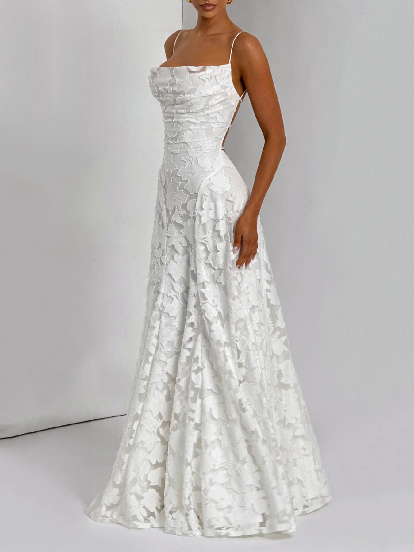 Floral Jacquard Spaghetti Strap Square Neck Ruffle Hem Maxi Dress