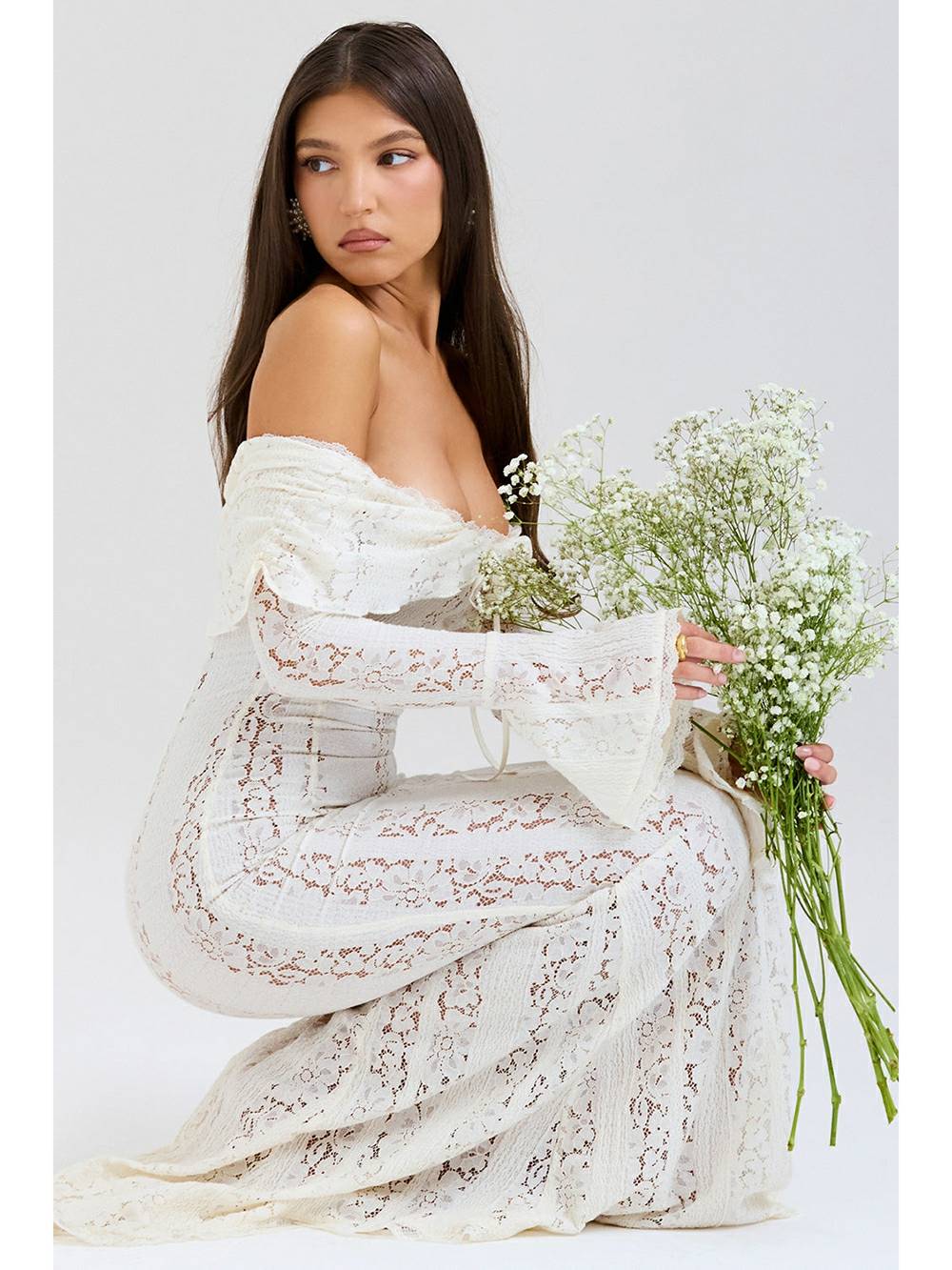 Lace Off Shoulder Flare Long Sleeve Tie Front Mermaid Maxi Dress 4