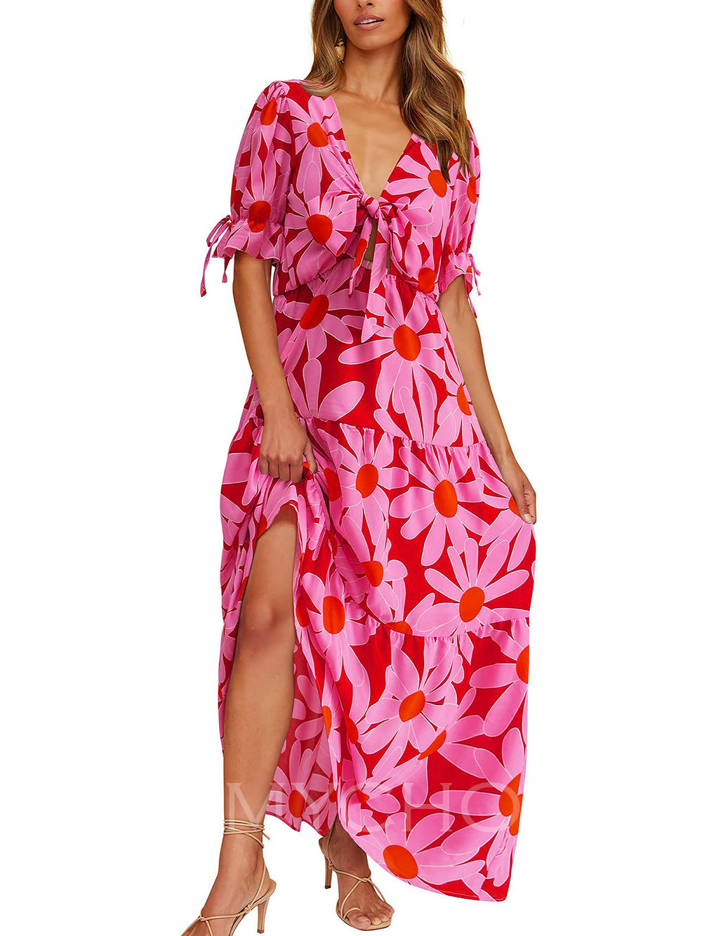 Floral V-Neck Short Sleeve Tie Front High Split Maxi Dress