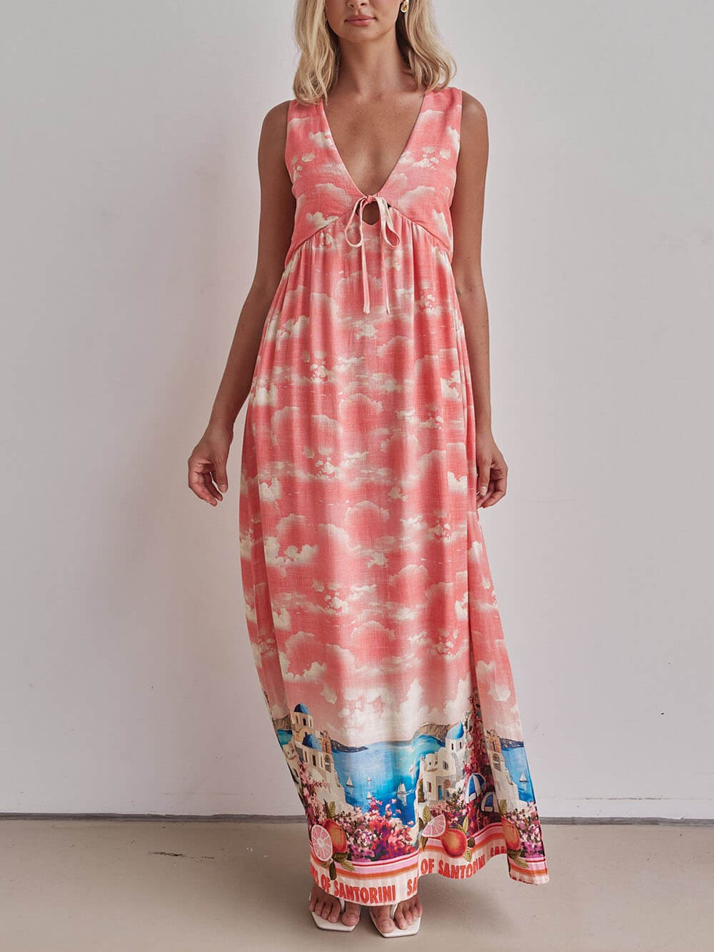 Unique Ink Print V Neck Lace Up Loose Fitting A Line Maxi Dress