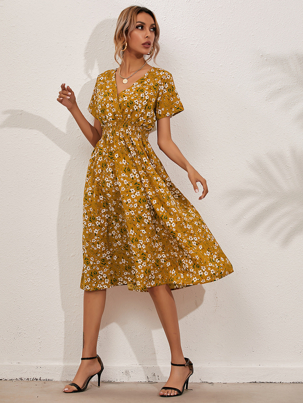 Ditsy Floral V-Neck Short Sleeve Smocked Waist Midi Dress