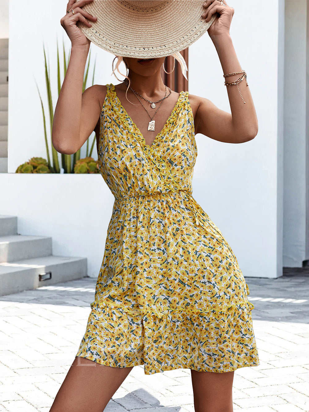 Ditsy Floral V-Neck Ruffle Strap Tiered Mini Dress