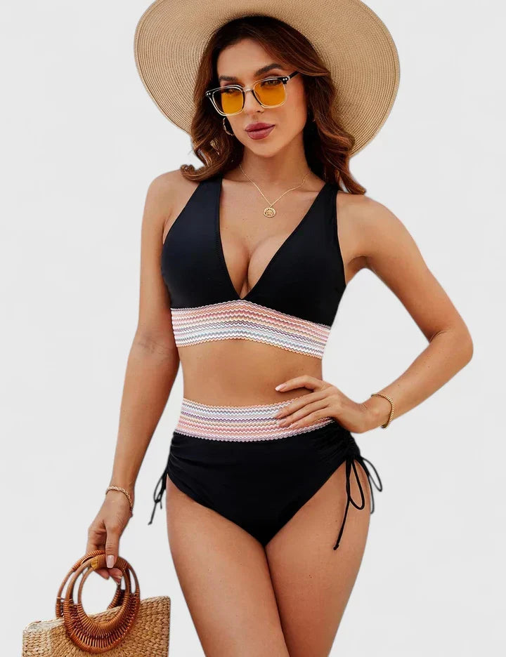 Triangle Top Ruched Chevron Trim High Waist Bikini Set