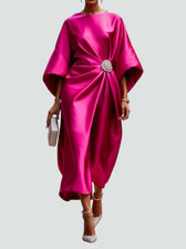 Boat Neck Batwing Ruched Satin Midi Dress 5