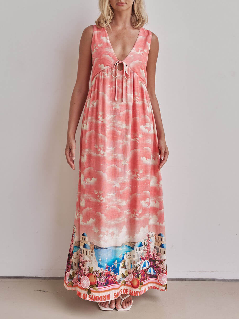 Scenic Border Print Deep V-Neck Tie Front Sleeveless Maxi Dress 5