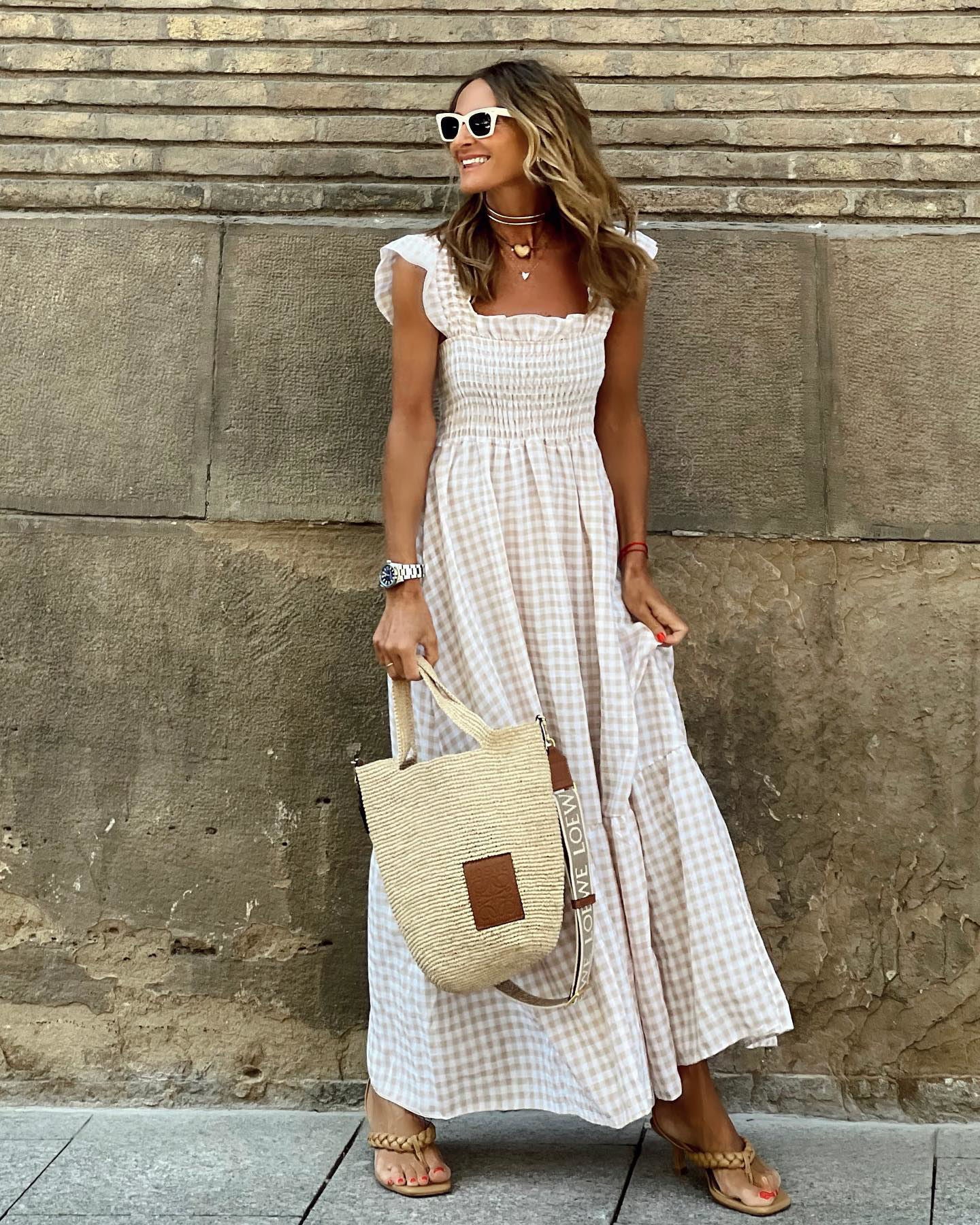 Plaid Ruffled Sleeve Smocked Maxi Dress
