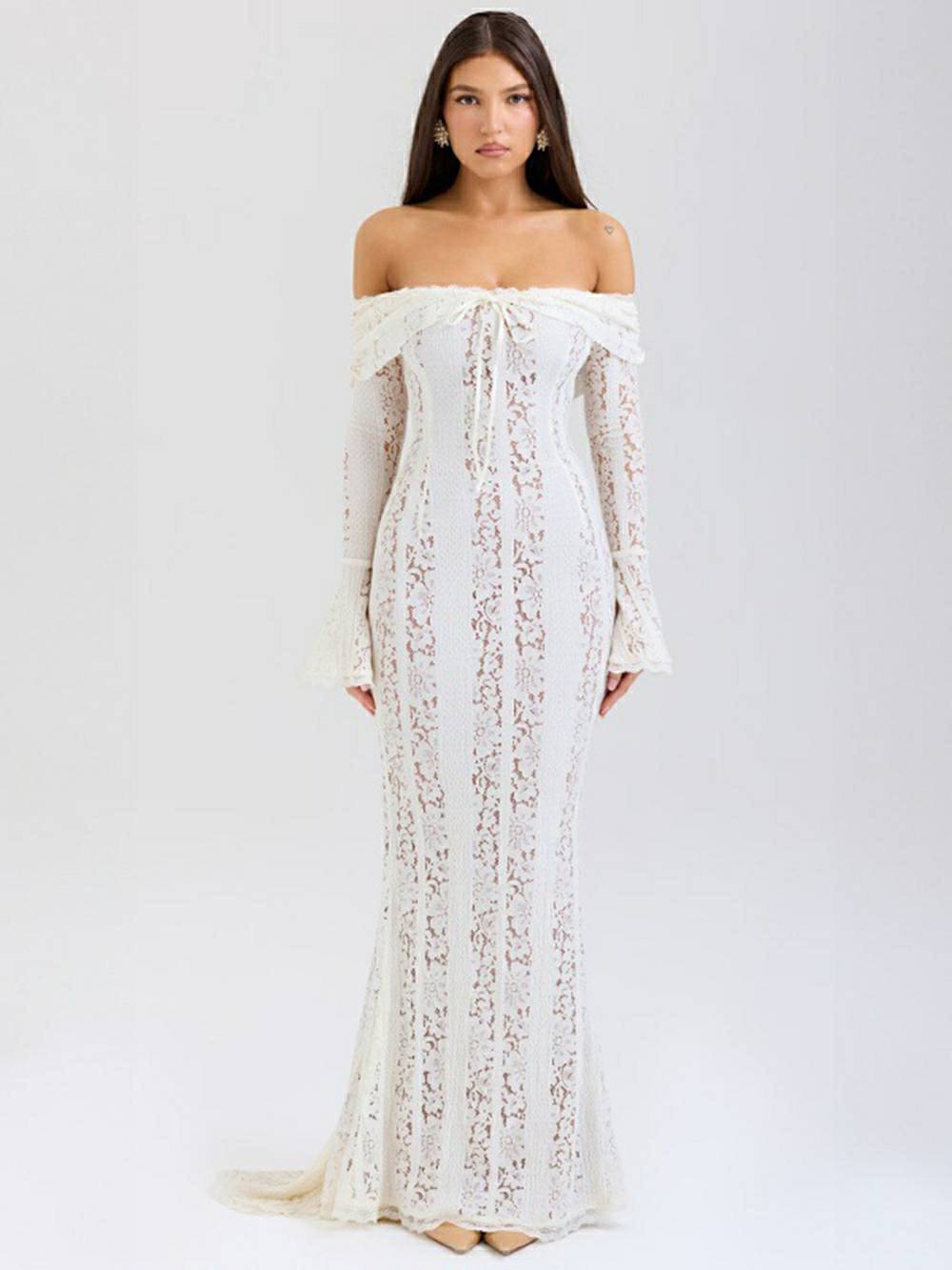 Lace Off Shoulder Flare Long Sleeve Tie Front Mermaid Maxi Dress 7