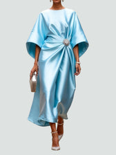 Boat Neck Batwing Ruched Satin Midi Dress 4