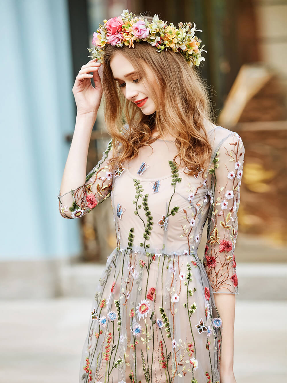 Floral Embroidered Tulle Round Neck A-Line Midi Dress