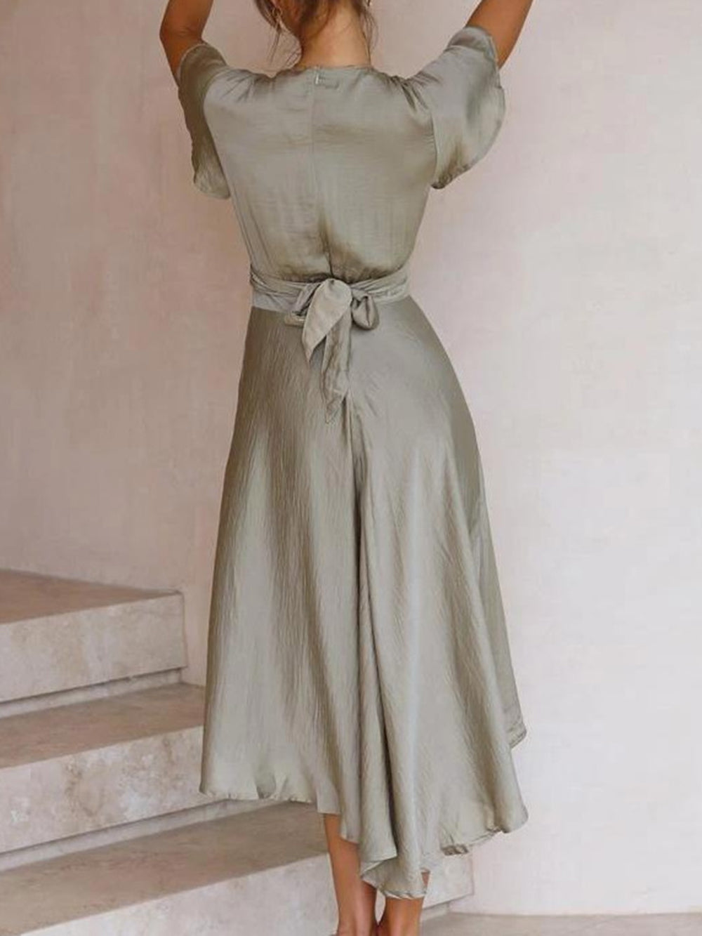 Satin Deep V-Neck Flutter Sleeve Twist Front Cut Out High Low Midi Dress 5