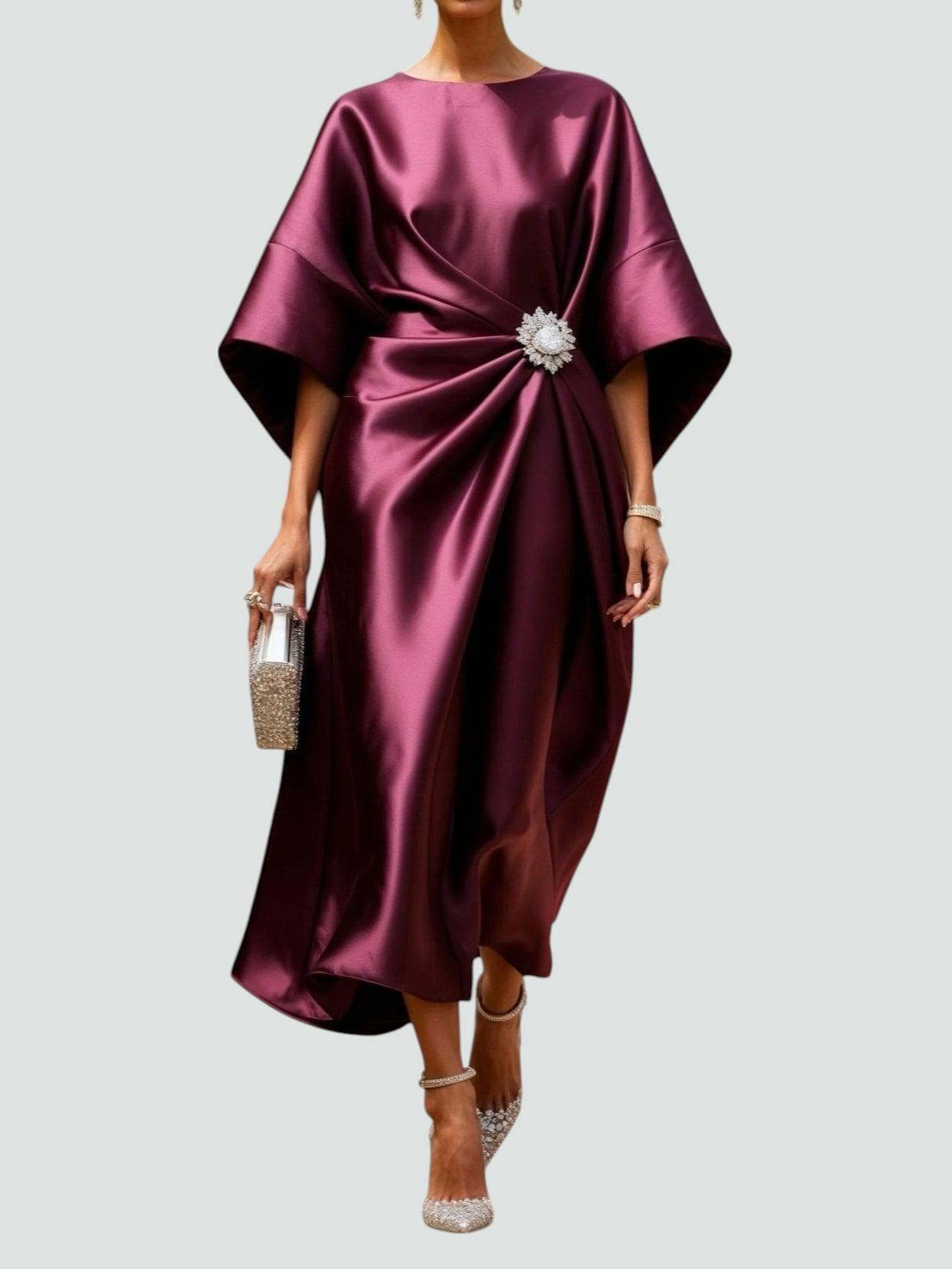 Boat Neck Batwing Ruched Satin Midi Dress 3