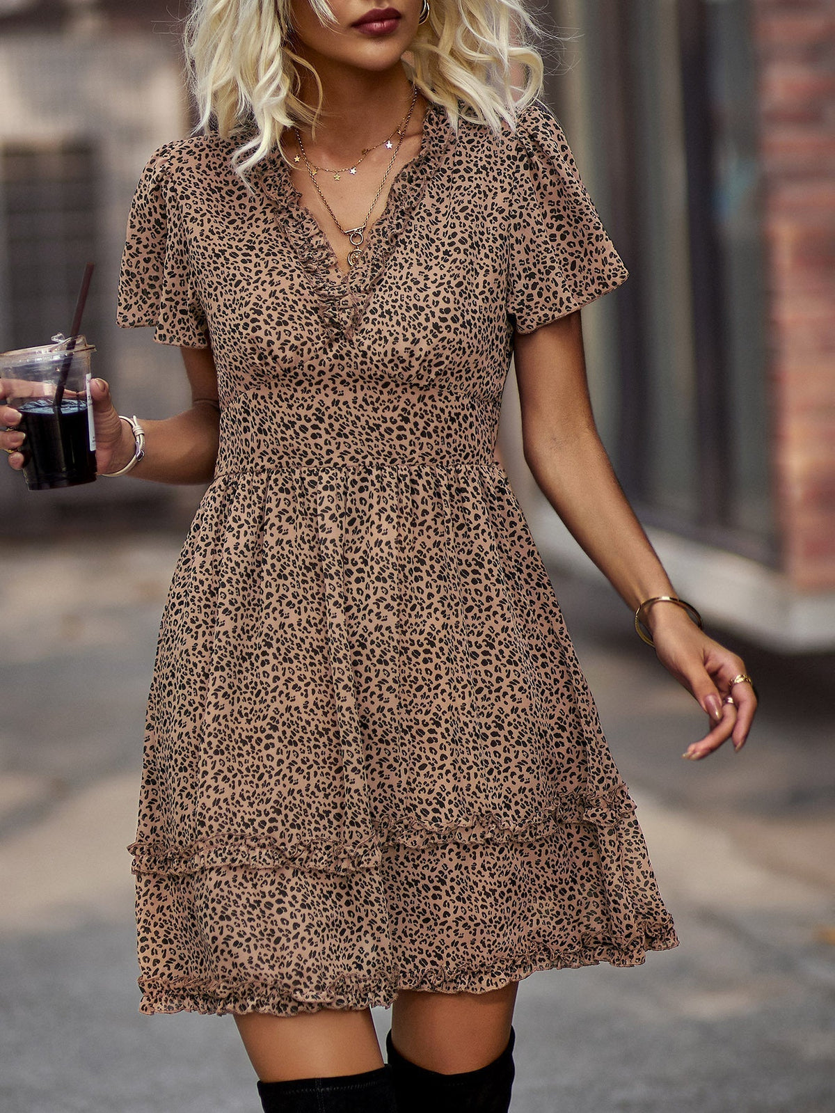 Ditsy Print V-Neck Flutter Sleeve Tiered Ruffle Mini Dress