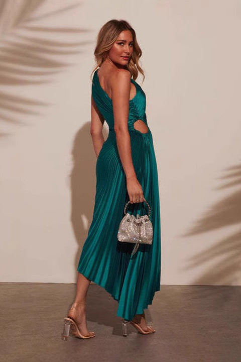 Satin Ruched One Shoulder Asymmetric Formal Dress