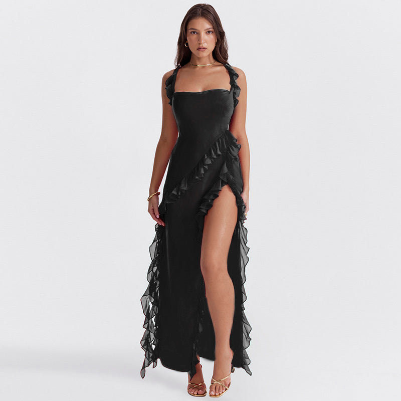 Ruffle Tie Strap High Split Maxi Dress