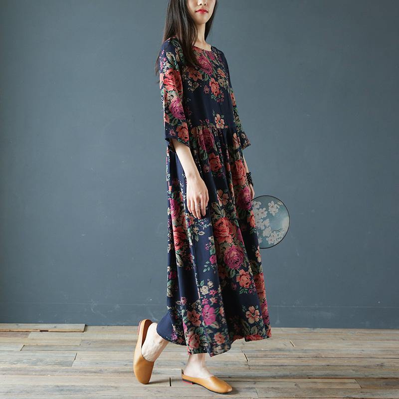 O Neck Cotton Linen Robes Work Outfits Navy Prints Dress