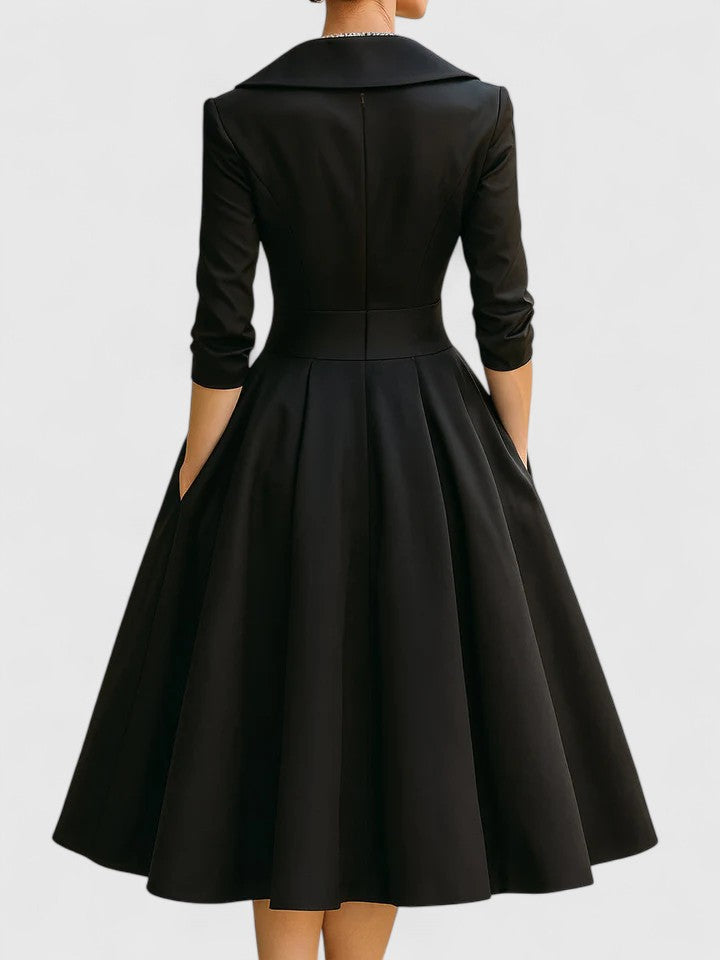 Satin Collared Long Sleeve Fit and Flare Midi Dress 4