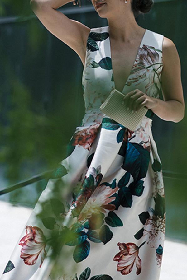Floral Satin Deep V-Neck Sleeveless Maxi Gown 3
