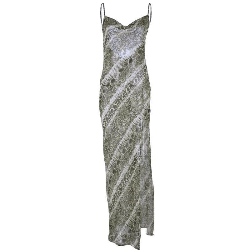 Snake Print Cowl Neck Spaghetti Strap Side Split Maxi Slip Dress