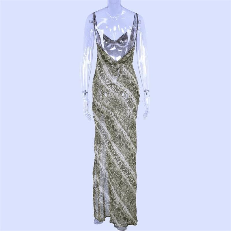 Snake Print Cowl Neck Spaghetti Strap Side Split Maxi Slip Dress 2