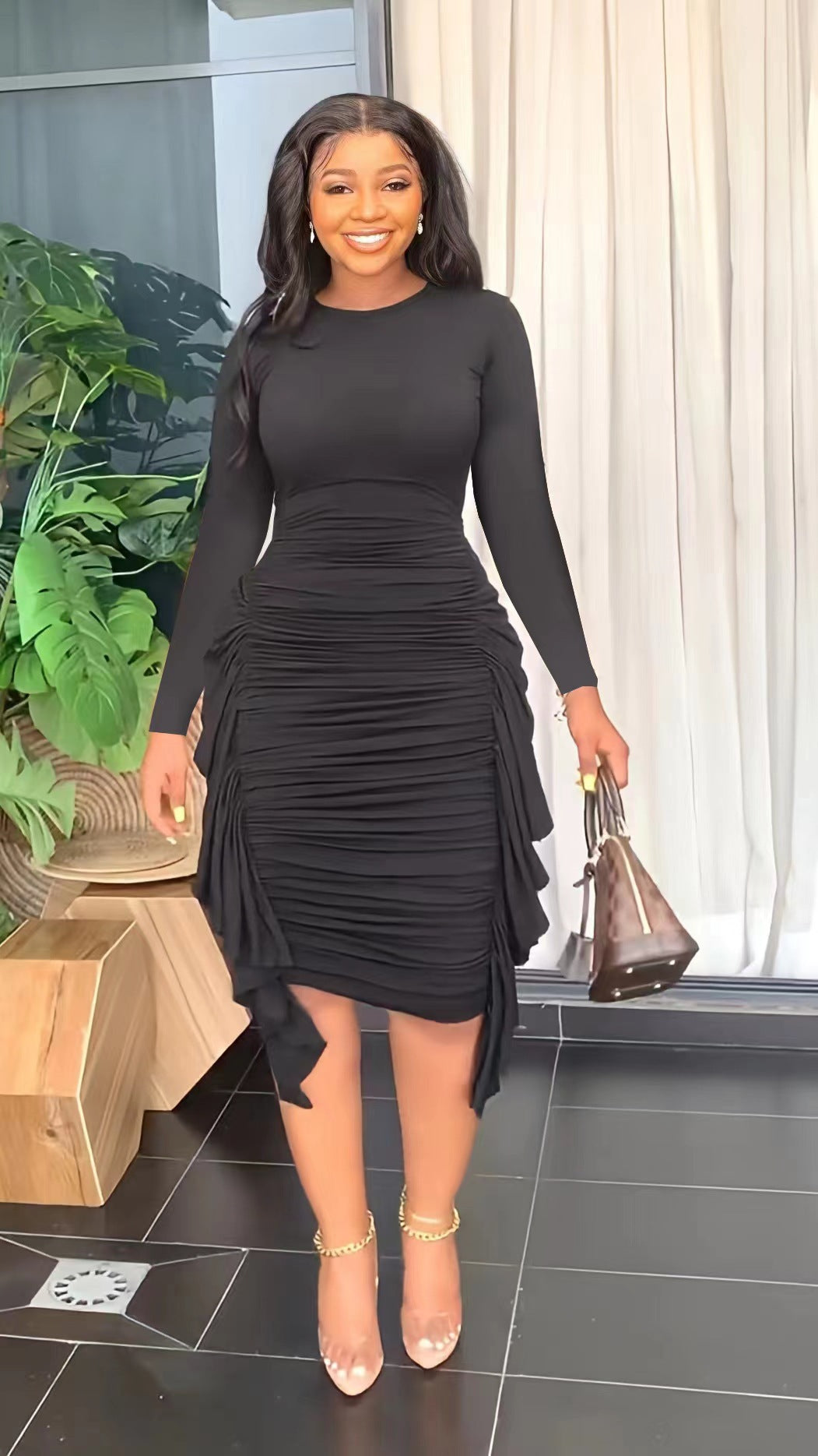 Elegant Slim Fit Pleated Ruffled Long Sleeve Spring Autumn Casual Dress