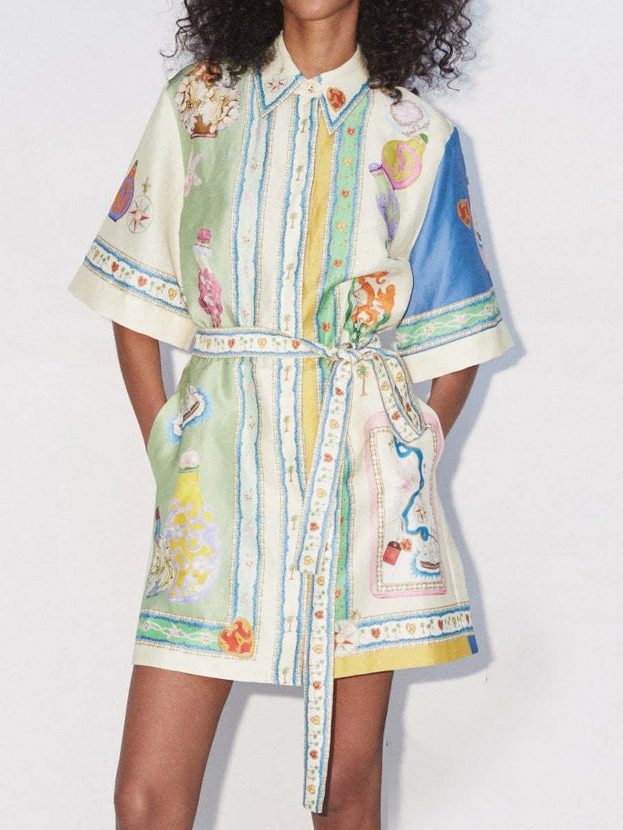Painterly Print Collared Short Sleeve Belted Button Front Mini Shirt Dress