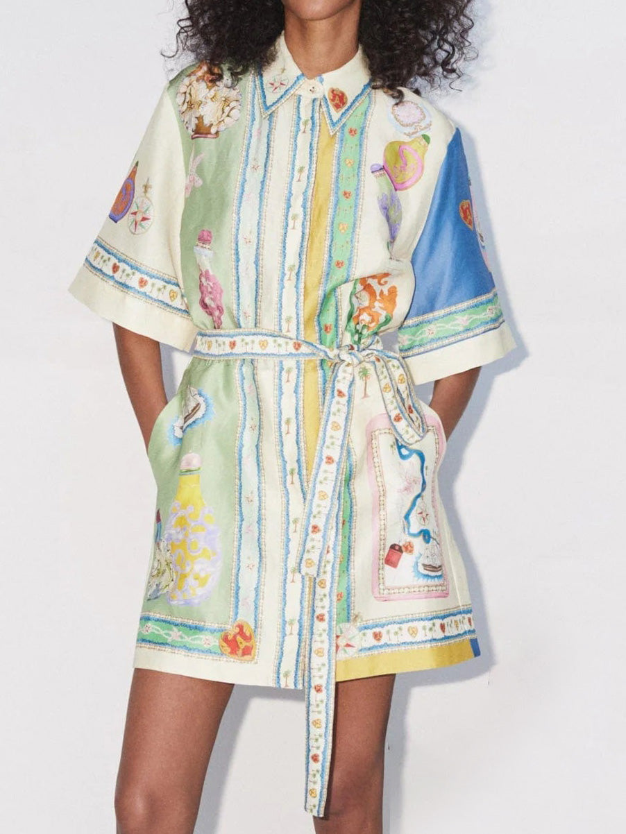 Painterly Print Collared Short Sleeve Belted Button Front Mini Shirt Dress 5