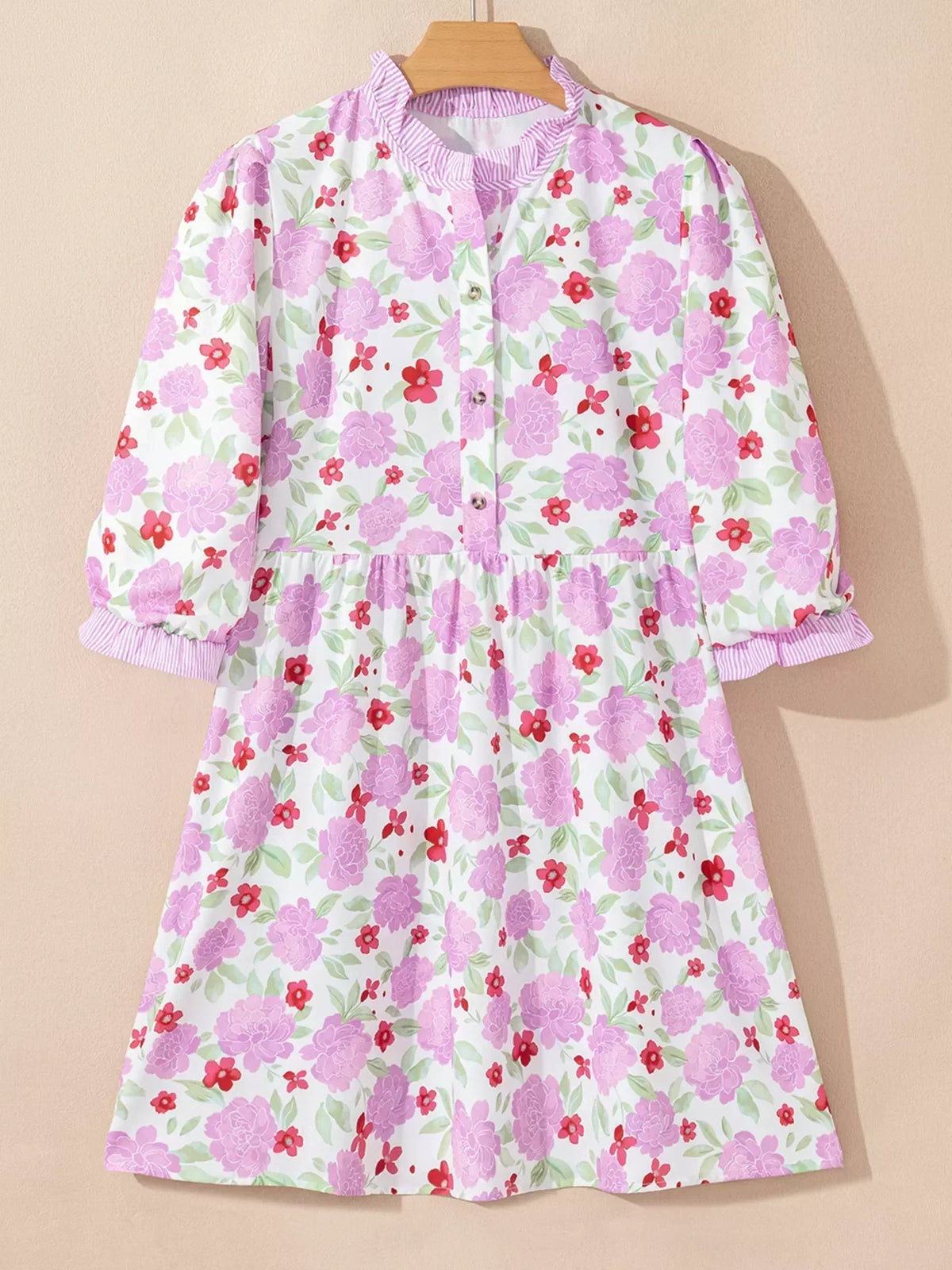 Floral Print Ruffle Neck Balloon Sleeve Pleated Mini Dress 2