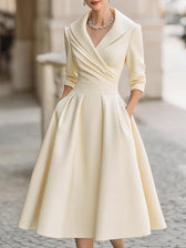 Satin Shawl Collar Wrap Ruched Fit and Flare Midi Dress Cocktail 7