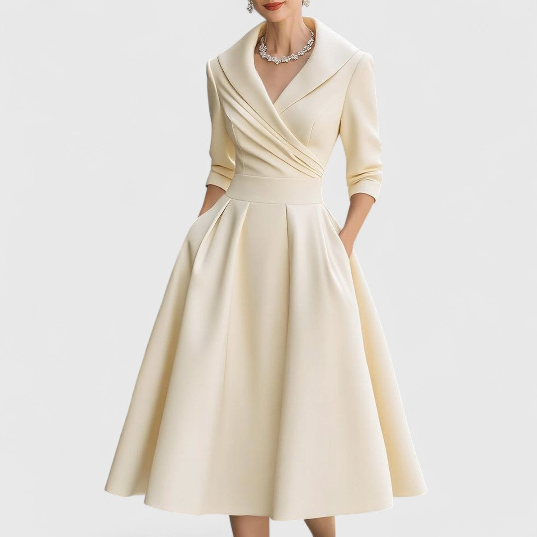 Satin Shawl Collar Wrap Fit and Flare Midi Dress