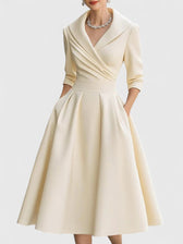 Satin Collared Long Sleeve Fit and Flare Midi Dress 7