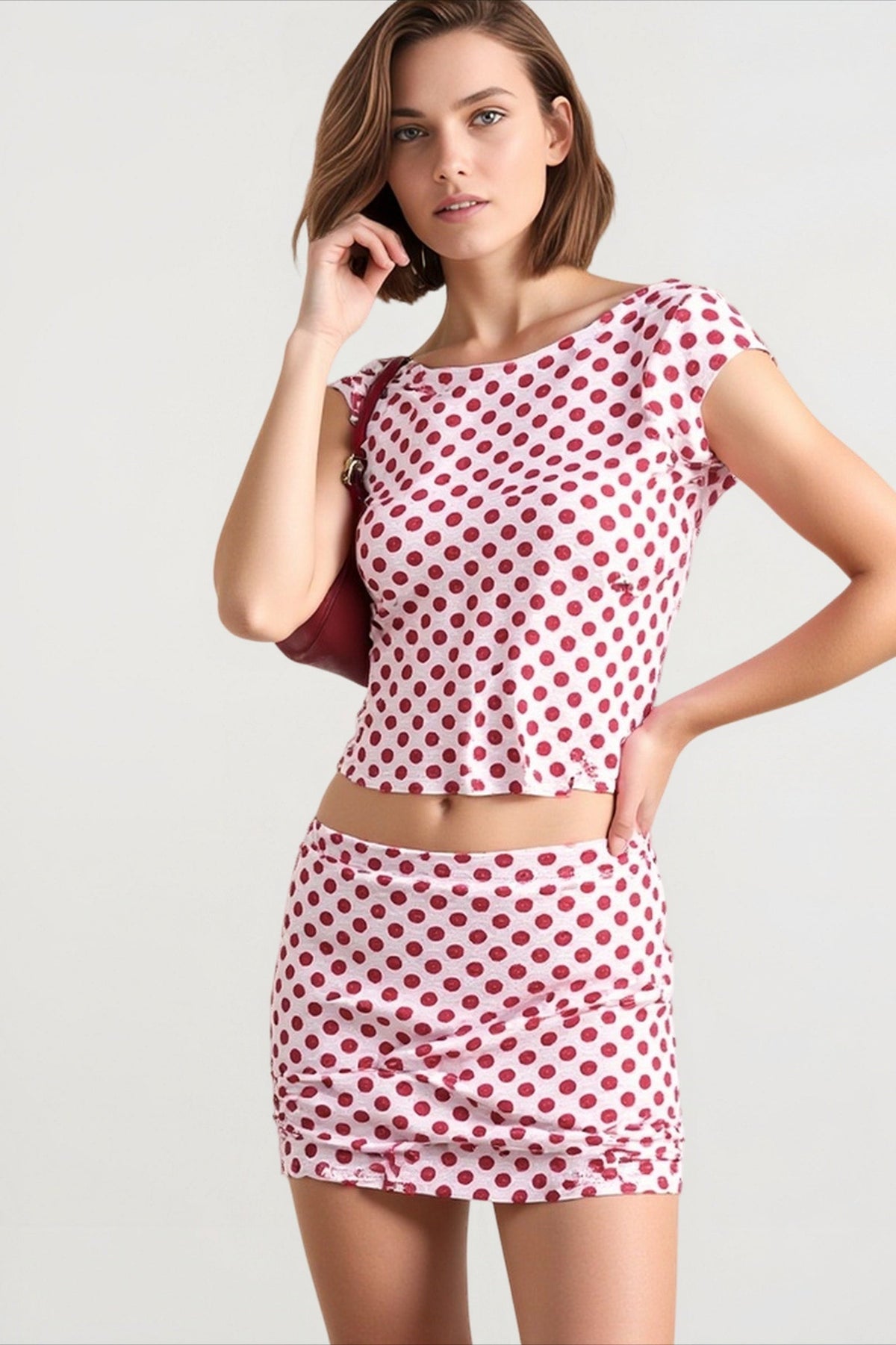 Polka Dot Boat Neck Cap Sleeve Crop Top and Mini Skirt Two Piece Set 2
