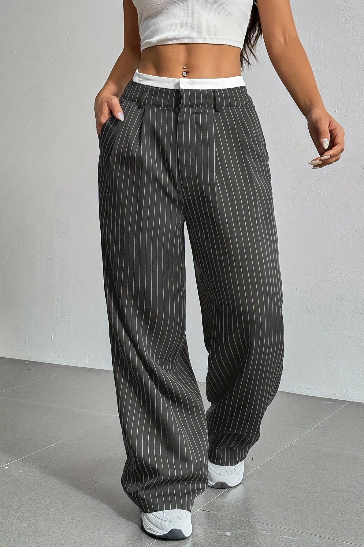 Pinstripe Contrast Waistband Pleated Wide Leg Trousers 11