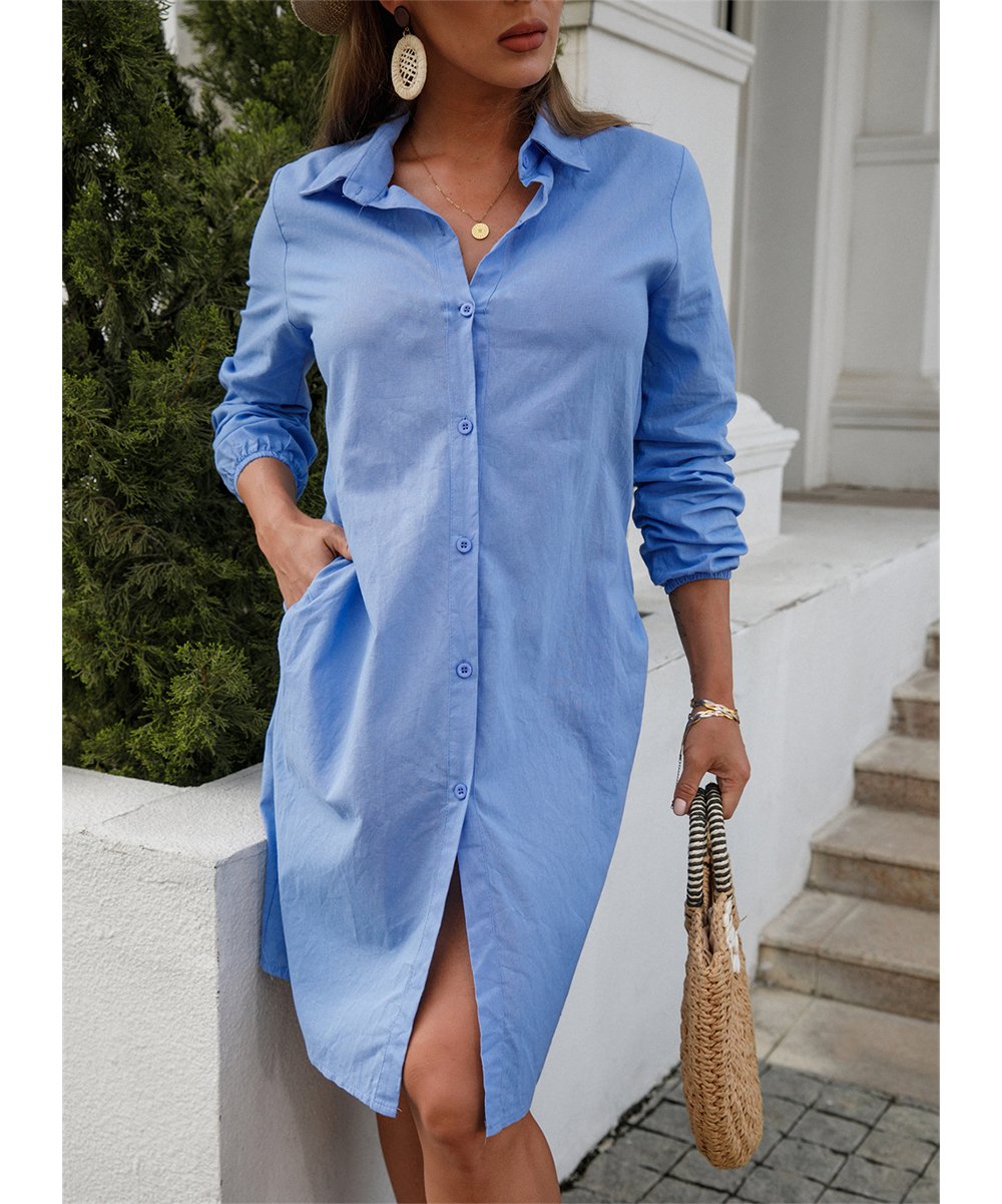 Fall Women Solid Color Casual Long Sleeve Shirt Dress