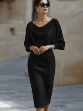 Knit Cowl Neck Batwing Long Sleeve Bodycon Midi Dress 12