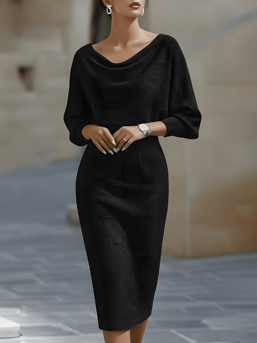 Knit Cowl Neck Batwing Long Sleeve Bodycon Midi Dress 3
