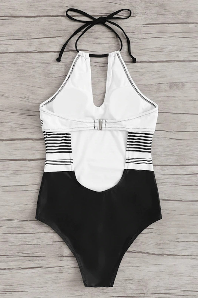 Halter Neck Keyhole Striped One Piece Swimsuit