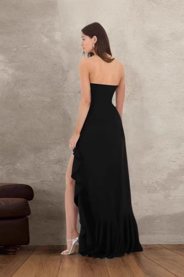 Strapless Ruffle High Slit High Low Maxi Dress