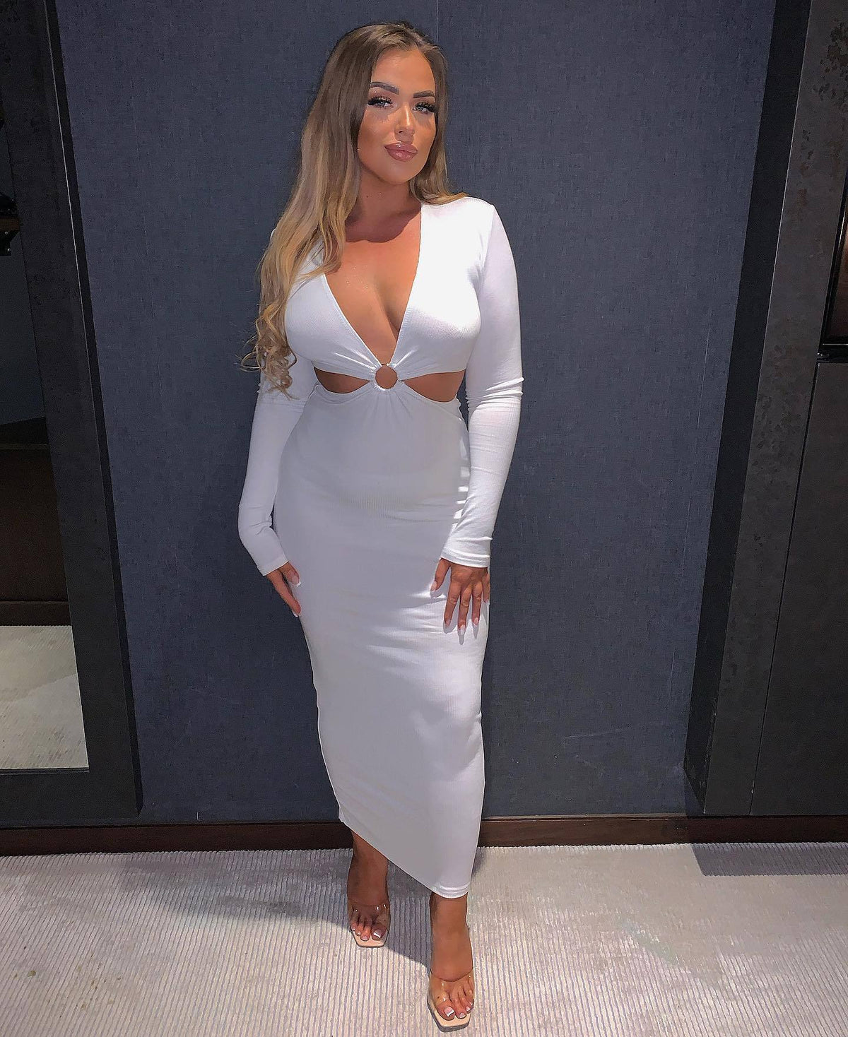 Deep V-Neck O Ring Cut Out Long Sleeve Bodycon Maxi Dress